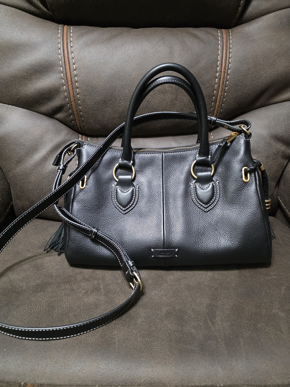 Vince Camuto Black Pebbled Leather Satchel with Gold Hardware